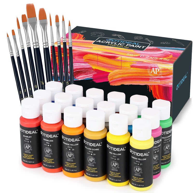 GOTIDEAL Acrylic Paint Set with 10 Brushes, 18 Colors Outdoor/Indoor (59ml, 2 oz) Art Craft Paint Non Toxic, Perfect for Hobby, Artist, Adults, Ideal for Canvas Wood Clay Ceramic Paint Supplies - Image 1